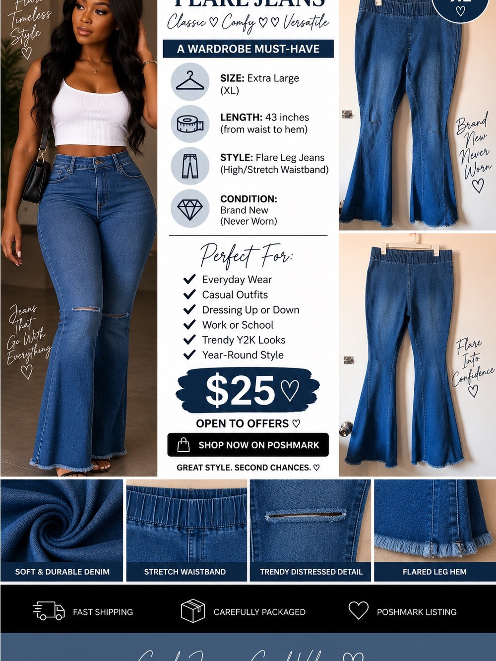Classic High-Waist Flare Jeans - Blue - Unbranded